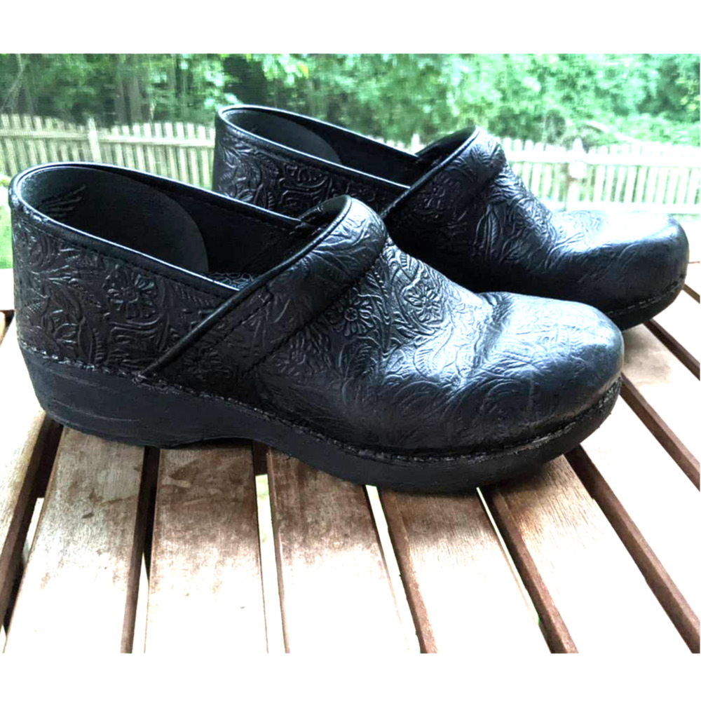 Dansko Pro Black Floral tooled Clogs - Size 40 / 9.5-10
